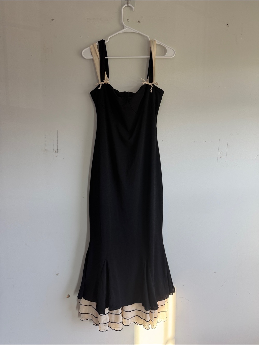 RIHOAS Black Midi Slip Dress with Cream Bow Straps